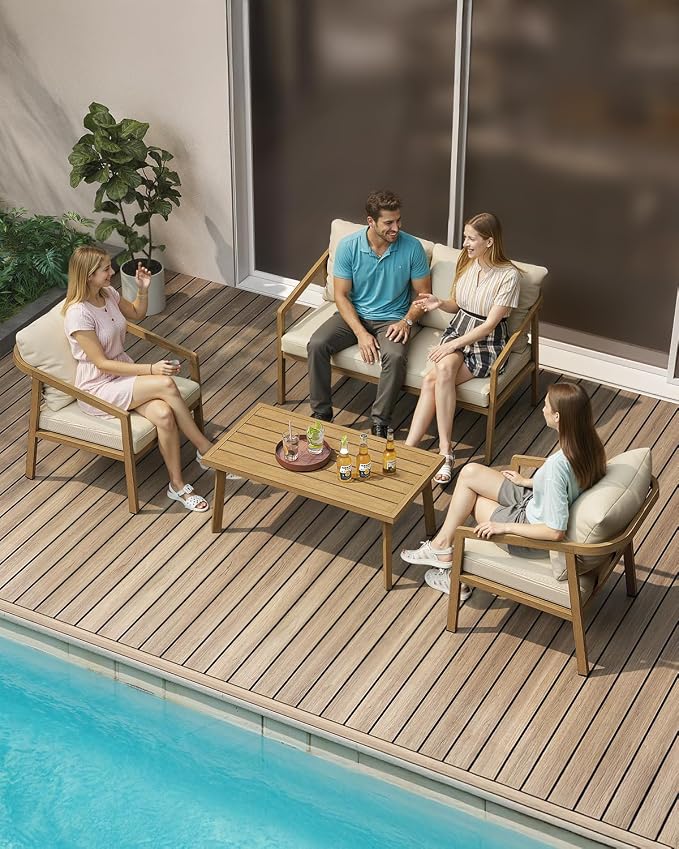 Teak Patio Sofa Chairs Set of 2, Never-Rust Aluminum Outdoor Armchair with Removable Cushions, All Weather 2 Pieces Outdoor Club Chairs, Outdoor Sofa Chairs for Garden, Porch, Balcony