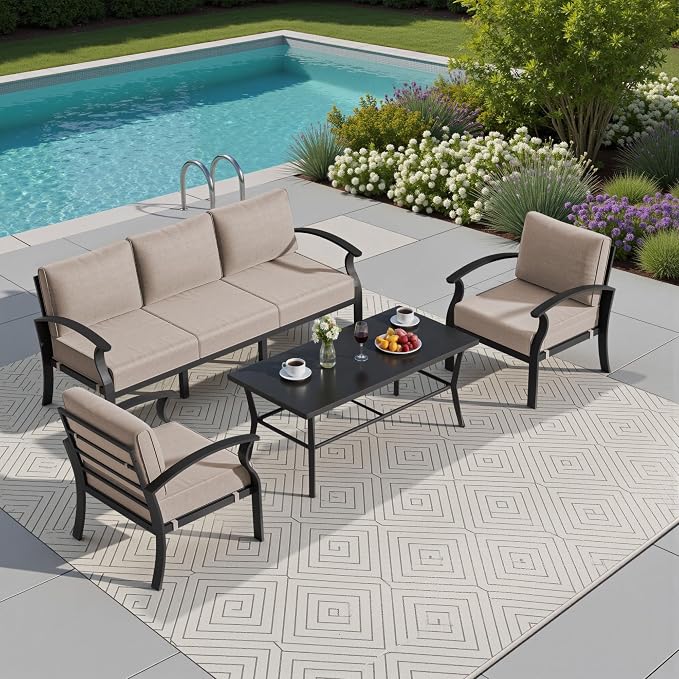 Kullavik Aluminum Patio Furniture Set,4 Piece Modern Metal Outdoor Patio Furniture w/5.1'' Thick Cushion and Rectangular Coffee Table,Patio Conversation Sets for Porch,Deck,Sand