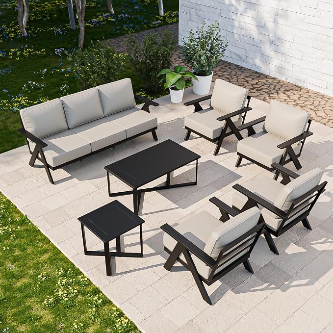 COOS BAY Iron Luxe 7 Piece Outdoor Patio Furniture Set, Modern Patio Conversation Set with 4 Patio Chairs, a 3 Seat Couch, Coffee Table & Side Table for Deck, Garden, Porch, Black/Beige