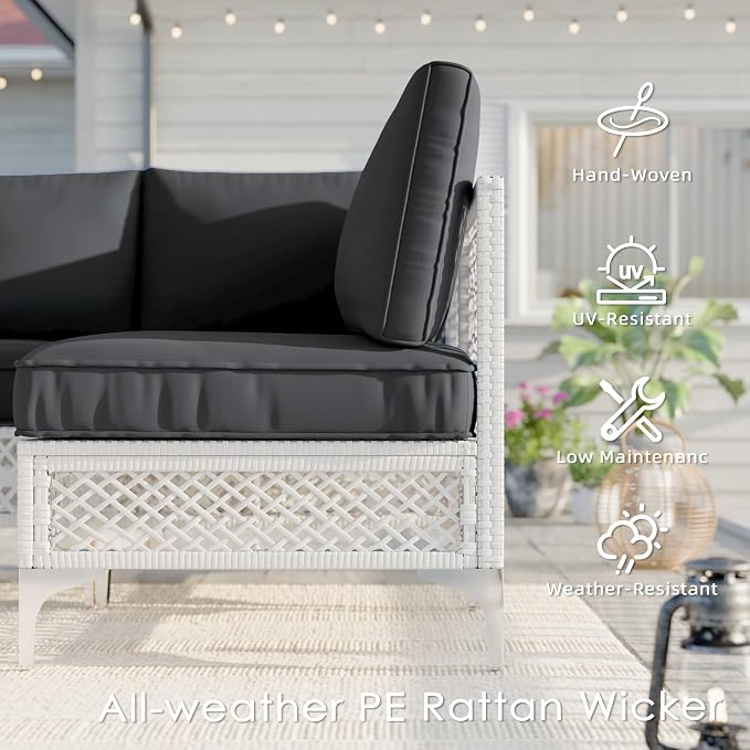Vikiullf Patio Conversation Set, 5 Piece Outdoor Sectional Sofa Set with Coffee Table, White Wicker with Grey Cushions (White and Grey, 5 piece)