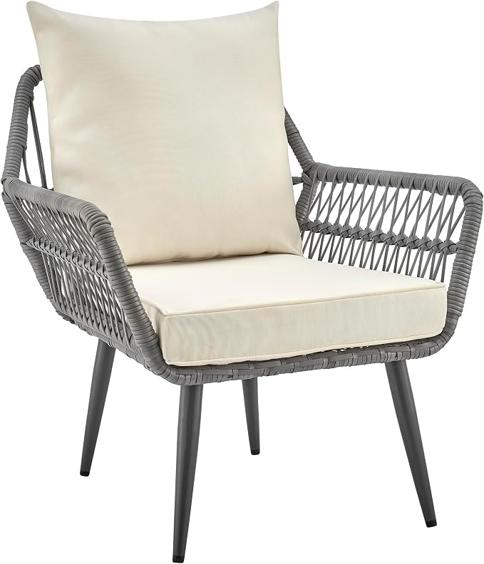 Manhattan Comfort Cannes 3-Piece Patio Conversation Set, Outdoor Furniture | Includes Modern Cushioned Rope Wicker Chairs & End Table, Removable & Washable Cushions, Tempered Glass Tabletop, Cream