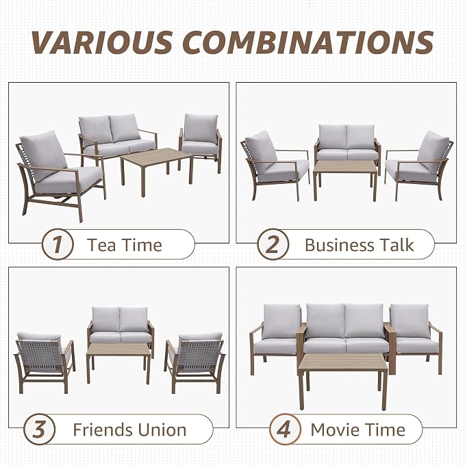 NATURAL EXPRESSIONS 4 Pieces Patio Furniture Sets, Modern Metal Outdoor Conversation Sets with High Back All Weather Hand-Woven Rope Rocking Chairs, Loveseat, Metal Table, 6" Thick Olefin Cushions