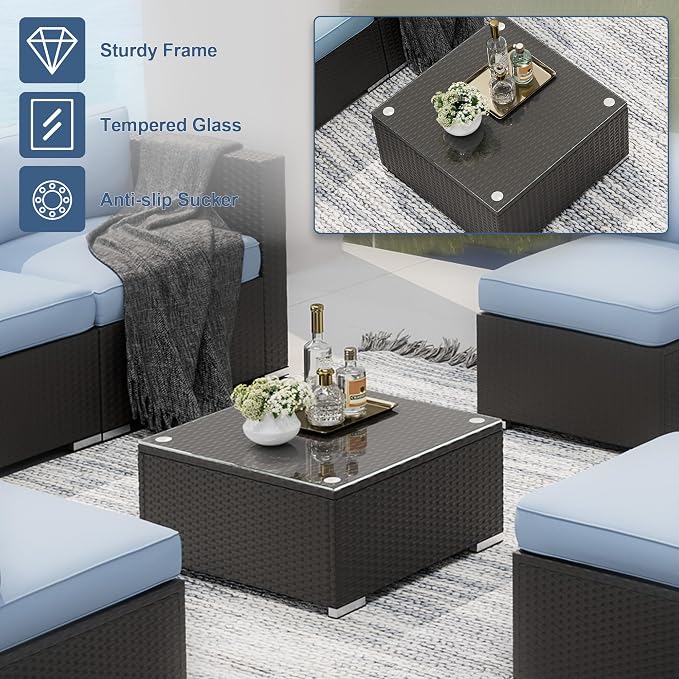 SUNCROWN 7-Piece Outdoor Patio Furniture Sofa Set All-Weather Wicker Sectional Conversation Set with Modern Glass Coffee Table, Cushions and A Waterproof Cover -Light Blue