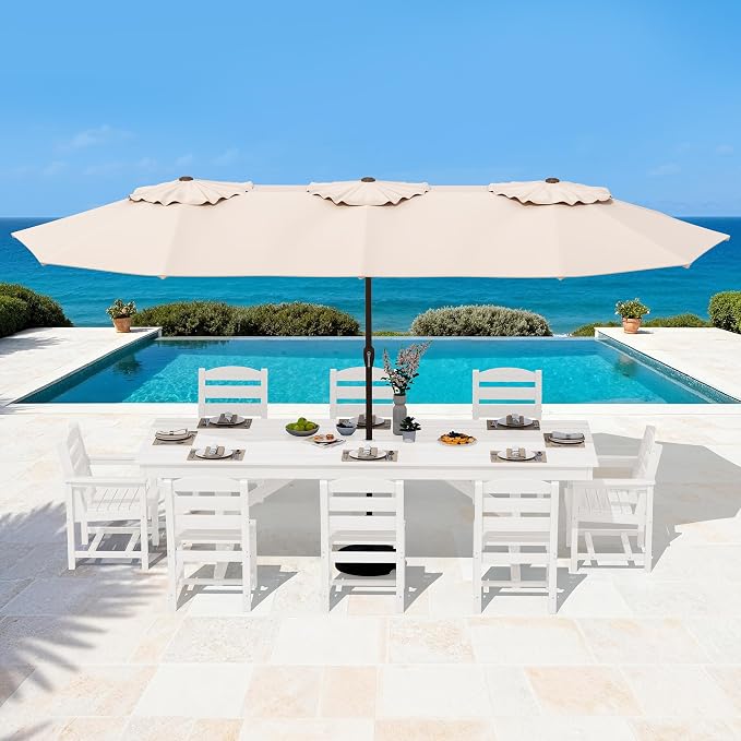 SERWALL 9 Piece Outdoor Dining Set, 84" HDPE Outdoor Table with 6 Armless Chairs and 2 Armchairs ，All Weather Patio Dining Furniture Set with Umbrella Hole for Backyard, Garden, White