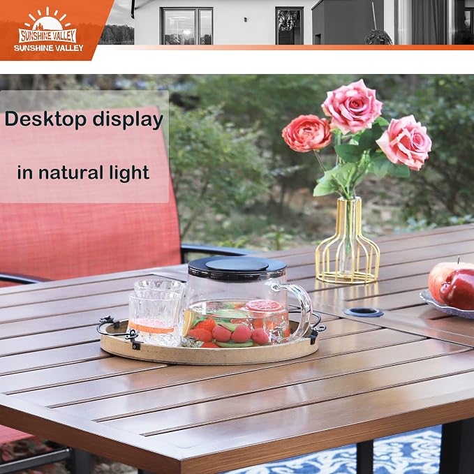 SUNSHINE VALLEY Patio Dining Set,60x38 Outdoor Table w/Swivel Chairs | 60x36 Outdoor Table and Chairs Set with Umbrella Hole, 2 Leg Chairs, 2 Swivel Chairs, 1 Metal Table and 1 Cushioned Bench