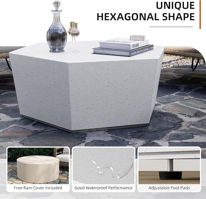 UPHA 35" Hexagon Outdoor Coffee Table, Modern Hollow Concrete Patio Table, Small Minimalist Low Accent Table for Living Room, Balcony, Deck, Backyard, Off-White