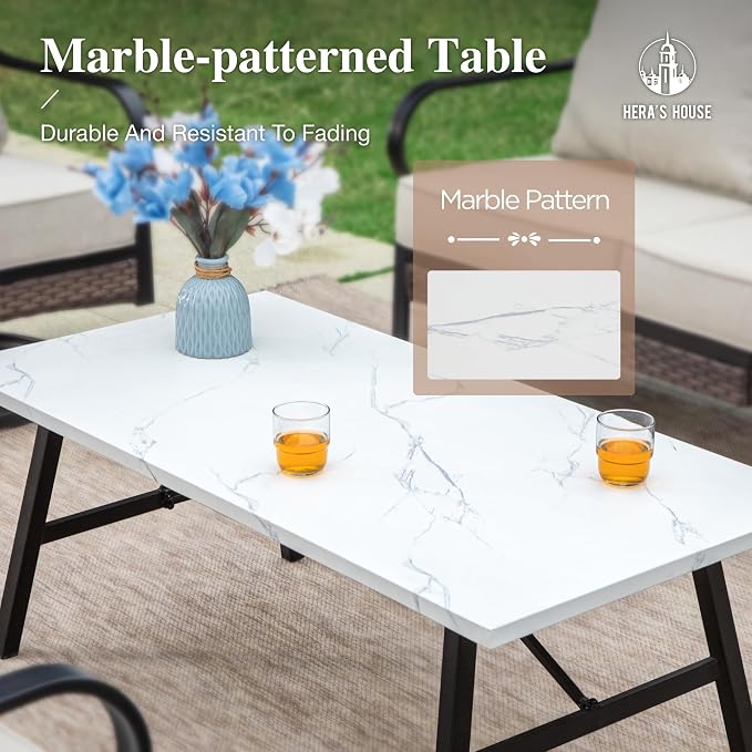 HERA'S HOUSE 6 Piece Metal Patio Furniture Set, All Weather Outdoor Conversation Set with 3-Seat Sofa, 4 Fixed Chairs & Coffee Table, 7 Seats for Backyard, Garden, Deck, Beige