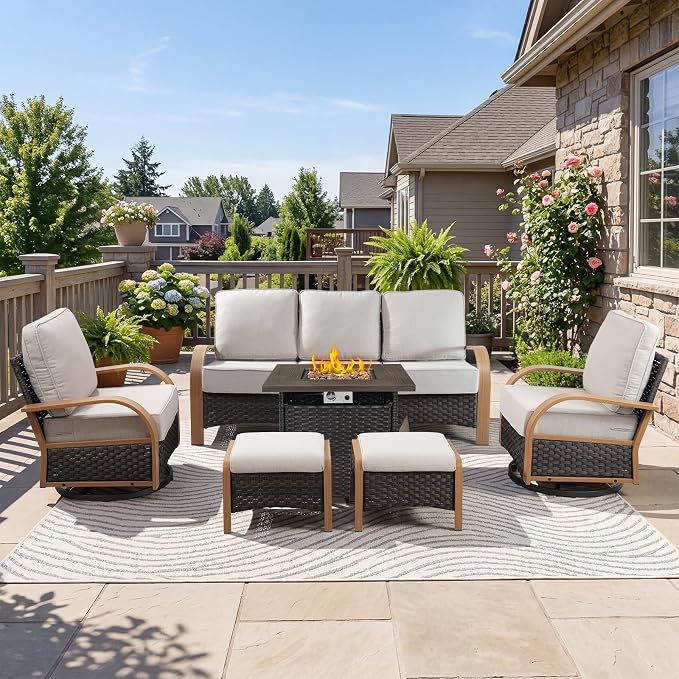 Belord 6 Piece Patio Furniture Set with Fire Pit Table,All Weather Conversation Set with 6-Inch Thick Cushions,Wicker Swivel Rocker Chairs and 3 Seater Wicker Sofa for Deck Proch Pool Garden Backyard