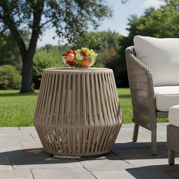 Christopher Knight Home Norshire Outdoor Side Table with Rope Base, Acacia Wood End Table, Round Patio Table, Accent Table for Garden Balcony Poolside and Indoor Use, Garden Stool, Beige+Light Teak