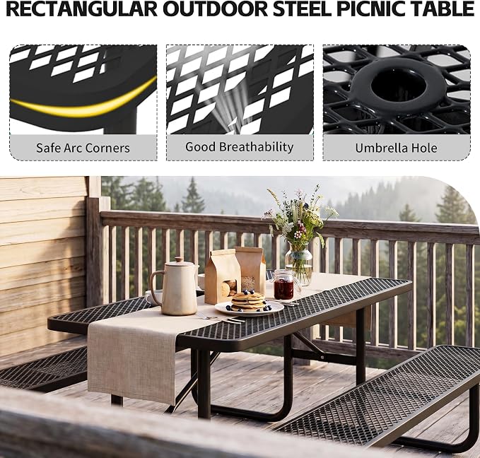 72" Outdoor Rectangular Picnic Table with Umbrella Hole, Heavy Duty Commercial Grade Steel Camping Table for Backyard Patio Deck, Weather-Resistant Black Metal Mesh