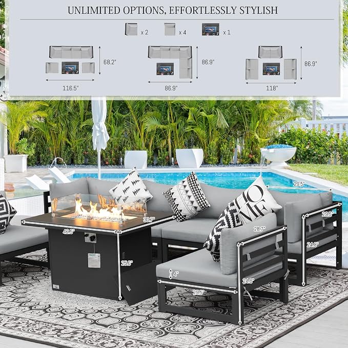 BULEXYARD 6 Seat Large Luxury Aluminum Patio Conversation Set with Fire Pit Table Propane/Gas, 29 inch Deep Wide Sectional Couch, 500 lbs Heavy Duty All Weather Outdoor Sofa for Backyard, Light Gray