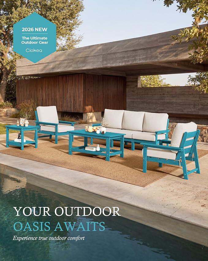 Ciokea Modular Patio Furniture Set with Thicked Cushions, 7Pcs All-Weather Outdoor Conversation Set with Coffee Table & Side Table, Modern Sectional Sofa Set for Deck (Blue Frame/Beige Cushions)