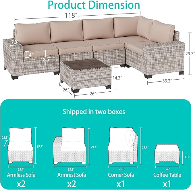 6-Piece Outdoor Patio Furniture Set Wicker Sectional Sofa Set, Patio Conversation Set with Thickened Cushions & Chunky Arms Coffee Table for Garden, Backyard, Poolside, Beige