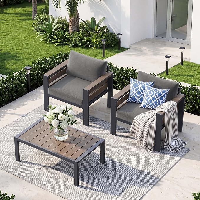 DoCred 2 Pcs Aluminum Armchairs with Coffee Table for Patio Furniture Set | Patio Conversation Set Outdoor Sofa Set for Porch, Balcony, Deck, Yard, Poolside