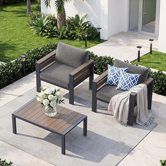 DoCred 2 Pcs Aluminum Armchairs with Coffee Table for Patio Furniture Set | Patio Conversation Set Outdoor Sofa Set for Porch, Balcony, Deck, Yard, Poolside