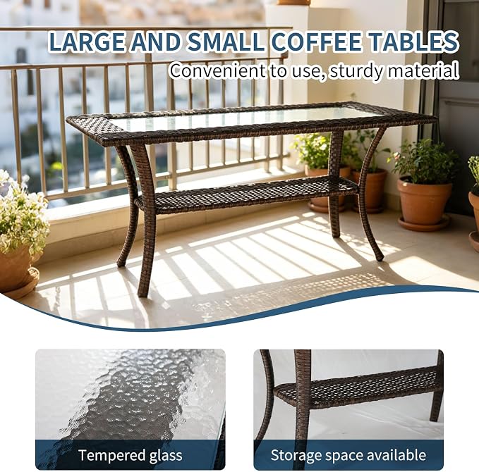 Outdoor Swivel Rocker Patio Chairs (Brown Wicker/Blue Cushion, 4PC/Sofa & Chair &Coffee Table)