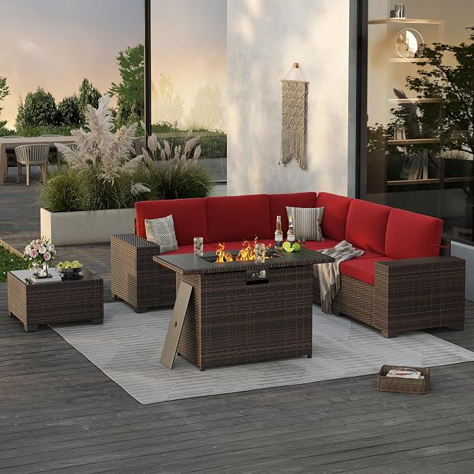 Soohow 7-Piece Patio Furniture Set with 44" Fire Pit Table, Outdoor Sectional Wicker Rattan Conversation Set for Garden, Porch, Backyard - Wine Cushions