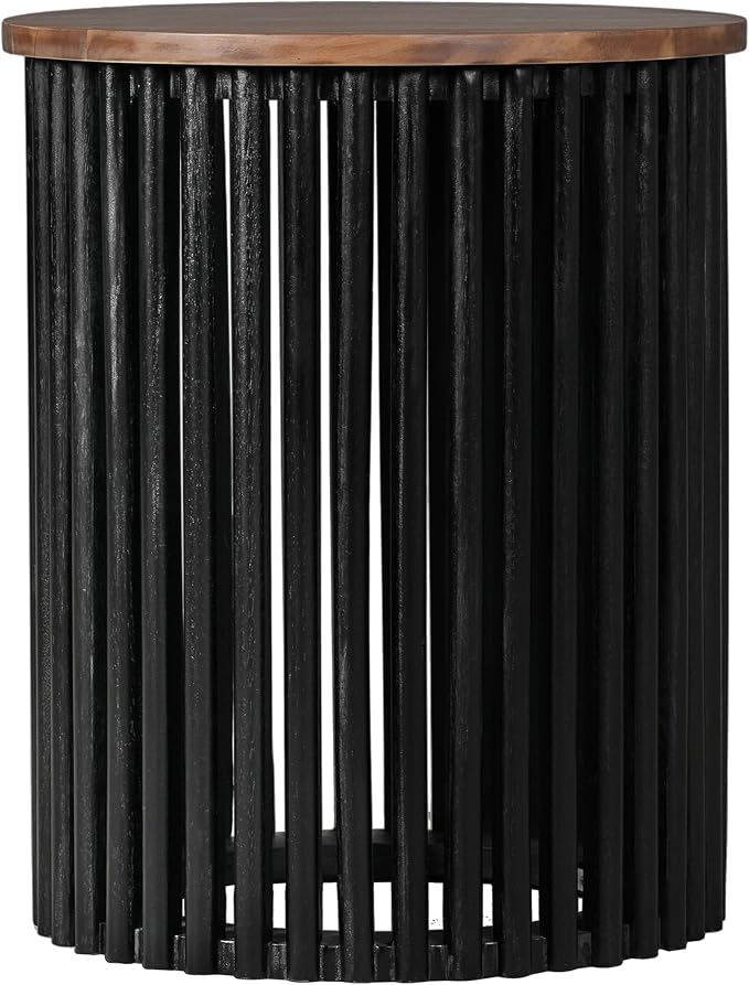 Acacia Wood Side Table, Round End Table, Natural,Black