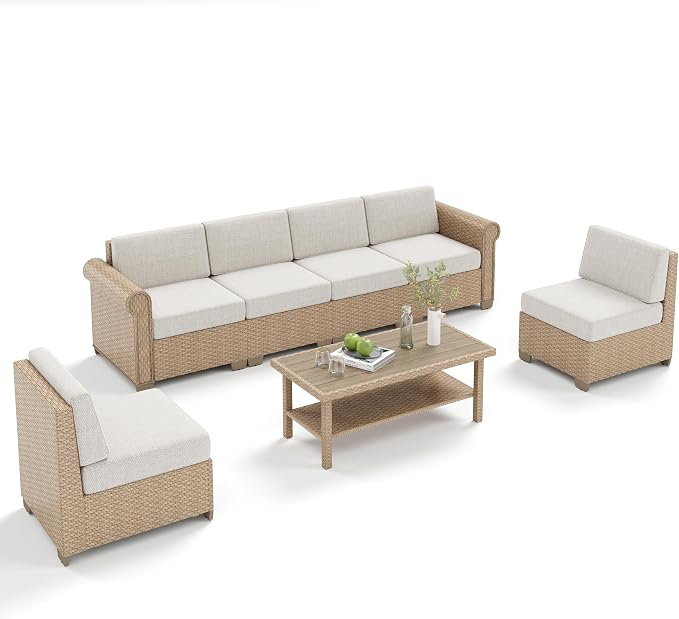 MIXPATIO Patio Furniture Set, 7 Piece Outdoor Rattan Wicker Sectional Conversation Set with 5.5" Thick Waterproof Cushions and Coffee Table for Deck Backyar