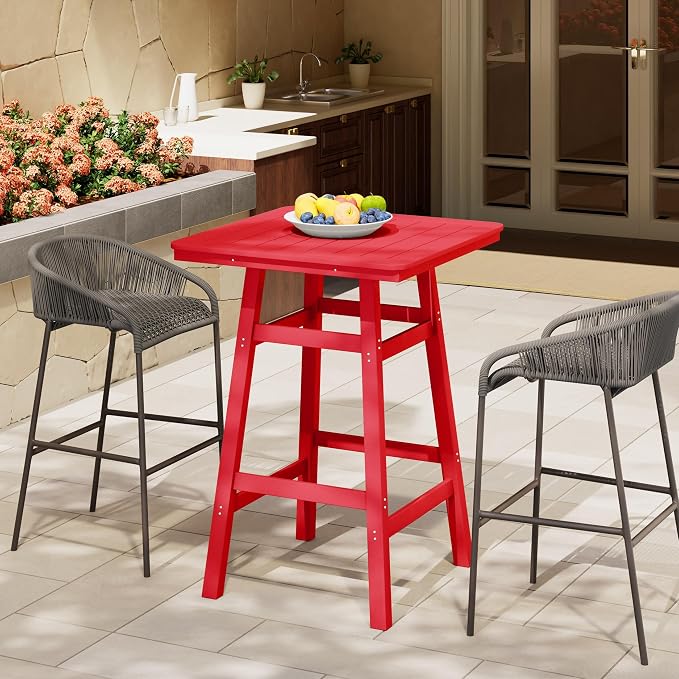 Costaelm Outdoor Bar Table, 42" Counter Height Square Patio Cocktail Bar Table with Umbrella Hole, Patio Bistro Dining Pub Table for Front Porch Deck Backyard Garden, Red