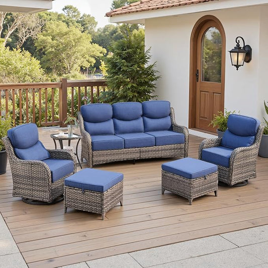 Belord Luxury 6" Thick Cushioned 6 Pieces Patio Furniture Set with Outdoor Couch, Wicker Outdoor Conversation Set with High Back Swivel Rocker Chairs for Deck Porch Yard and Poolside - Grey+Blue
