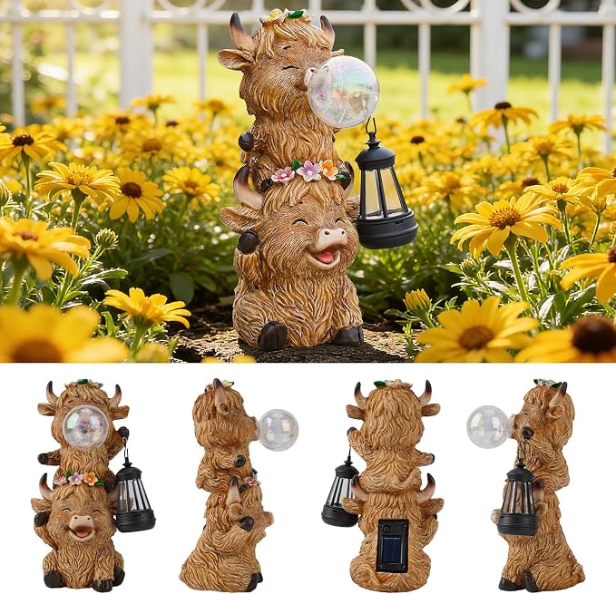 Joint Honglin Solar Highland Cow Garden Statue, Cute Resin Outdoor Decor with Glowing Lantern & Light-Up Bubble, Waterproof Solar Yard Ornament for Lawn, Patio & Garden Decorative Gift (Brown Cow)