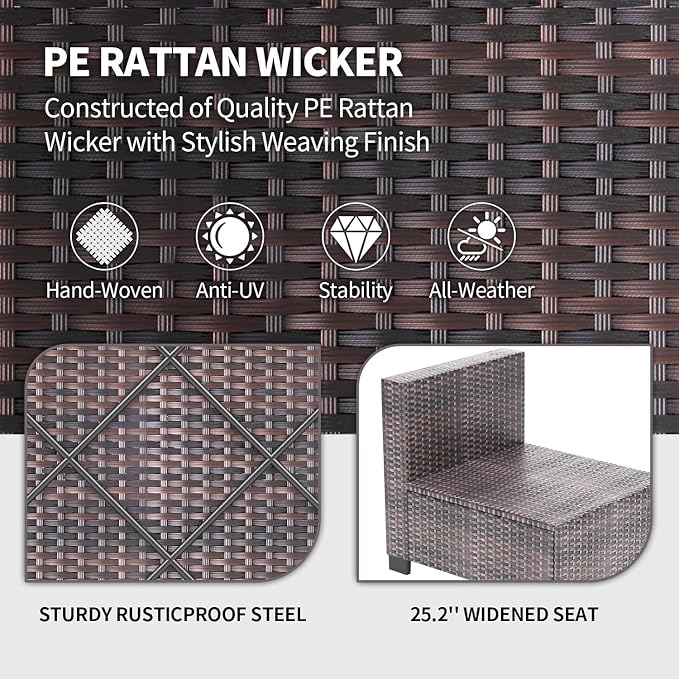 7 Piece Patio Furniture Set, Outdoor Modular Wicker Sectional Couch with Tempered Glass Coffee Table, All-Weather Rattan Conversation Set with Washable Cushions for Backyard, Garden, Deck