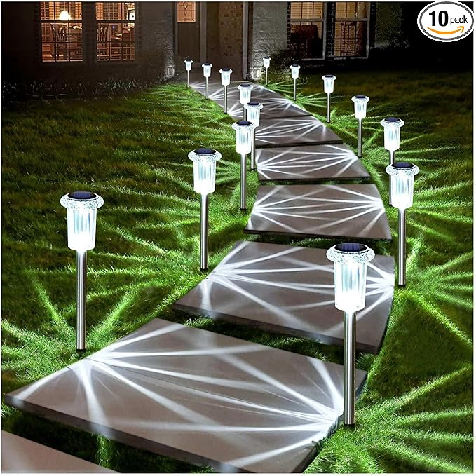 DenicMic Solar Lights Outdoor Waterproof 10 Pack Pathway Lights Cool White | Stake Lights for Yard Garden Driveway Walkway Outside Landscape Path Lights, Auto On/Off 6000K LED, Stainless Steel Pole