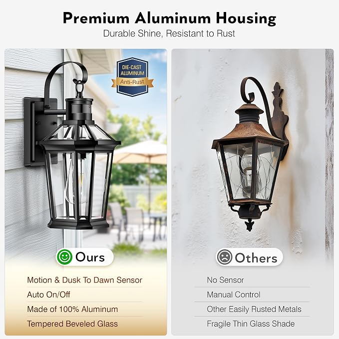 VIANIS Motion Sensor Outdoor Wall Lantern, Black Waterproof Dusk to Dawn LED Exterior Wall Sconce, Anti-Rust Aluminum Modern Outside Porch Light Wall Mount for House, Garage, Entryway 2 Pack