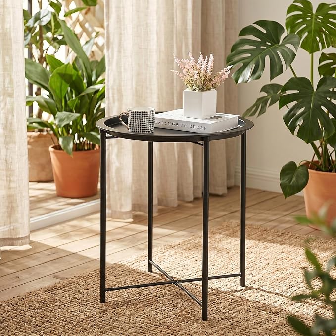 VECELO Side/End Table, Folding Round Metal Anti-Rust and Waterproof Outdoor or Indoor Tray for Living Room Bedroom Balcony and Office, 1 PCS, Black