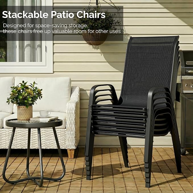 MAMIZO 7 Pieces Patio Dining Set for 6, Outdoor Table and Chairs w/Rectangle Glass Table and 6 Textilene Stackable Chairs, Patio Furniture Set w/1.69" Umbrella Hole (Black Table & Black Chair)