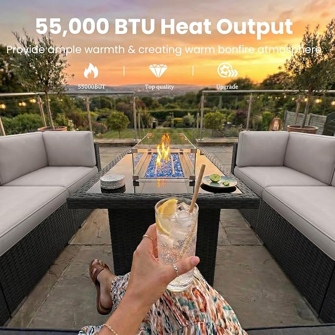 15 Pieces Patio Furniture Set with 44" Propane Gas Fire Pit Table, Outdoor Sectional Wicker Conversation Sofa Sets with Coffee Table