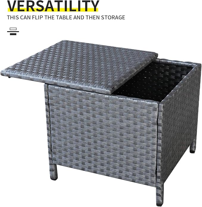 Lviden Outdoor Wicker Storage Side Table, Patio Grey PE Rattan End Table with Storage, Square Container for Furniture Covers, Toys, and Gardening Tools