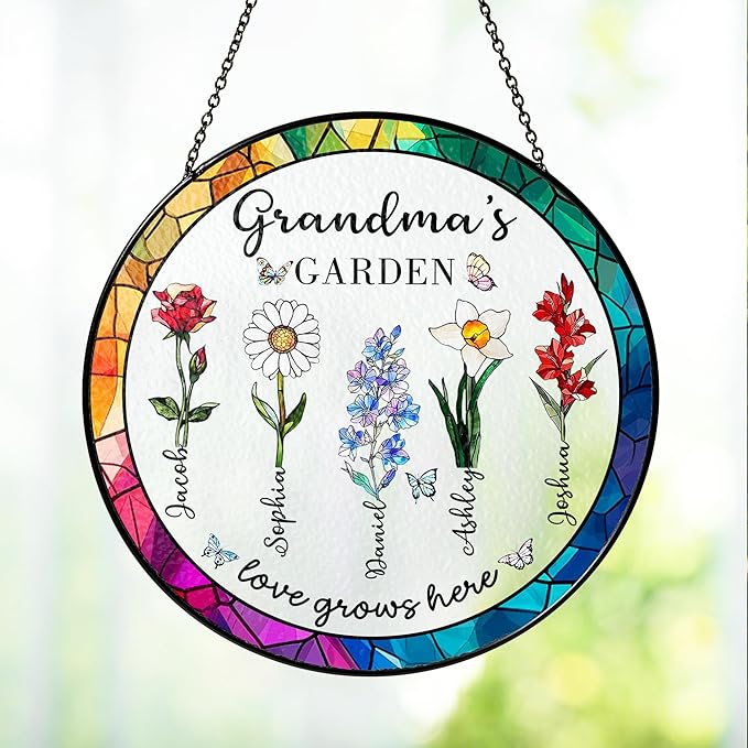 LOVELYPOD Custom Grandma Birth Flowers Stained Glass Window Sun Catcher, Grandmas Garden Sun Catcher, Birthday, Personalized Window Hanging Ornament, Mom