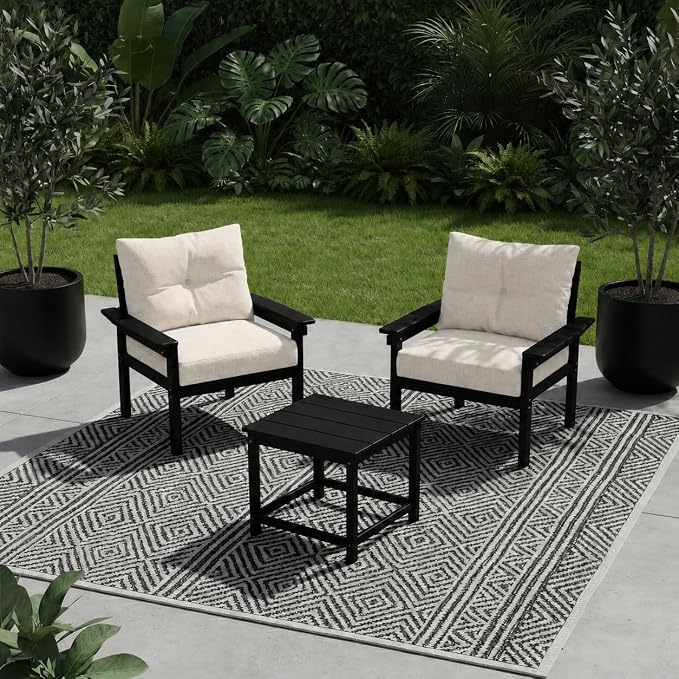 HDPE 3 Piece Patio Furniture Set, All-Weather Outdoor Couch Bistro Set with Thick Cushions & Side Table, Patio Conversation Sets for Lawn, Garden, Porch, Balcony, Deck, Poolside, Black & Beige