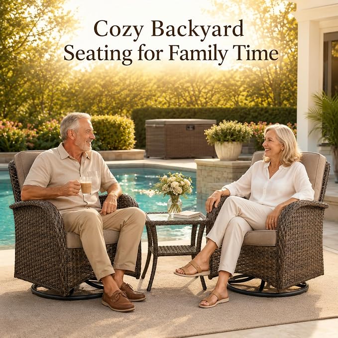 3-Piece Wicker Patio Furniture Set, Swivel Rocking Chairs, Brown/Grey | PE wicker, steel frame, 5mm tempered glass table, 4-inch cushions, 360-degree swivel, 250lbs capacity, garden use