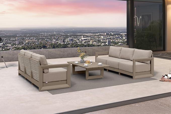 PURPLE LEAF Patio Furniture Set Open-End Outdoor Couch with 9.6" Thick Cushion and Soft Pillows 7 Piece Outdoor Sectional Sofas with Table Modern Outdoor Conversation Sets for Yard Porch Deck, Khaki