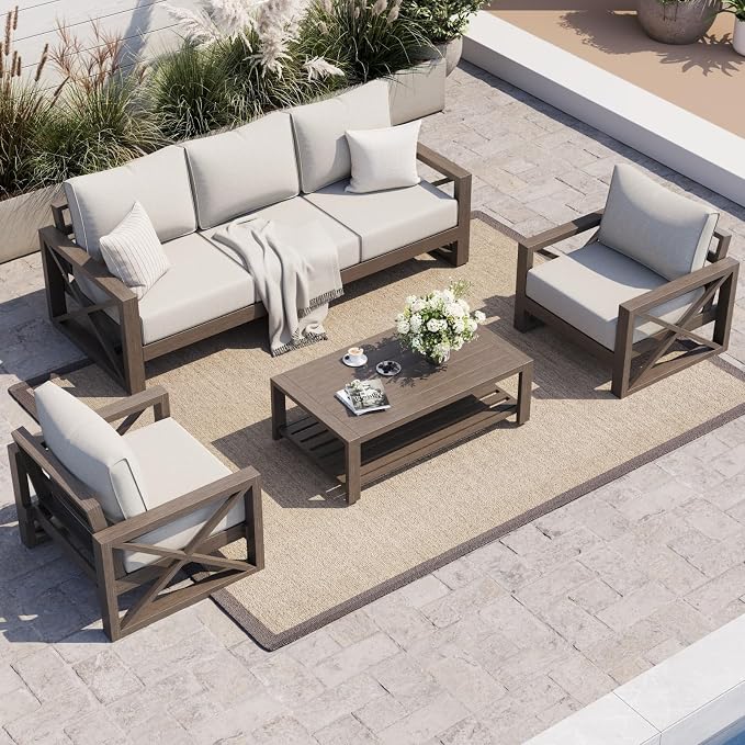 UDPATIO Aluminum Patio Furniture Set, Faux Wood Grain Modern Outdoor Furniture, 6" Cushions Metal Patio Conversation Sofa with Coffee Table for Poolside Deck, 6 PCS, Beige(Include 600D Covers)