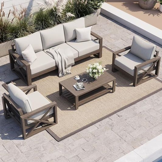 UDPATIO Aluminum Patio Furniture Set, Faux Wood Grain Modern Outdoor Furniture, 6" Cushions Metal Patio Conversation Sofa with Coffee Table for Poolside Deck, 6 PCS, Beige(Include 600D Covers)