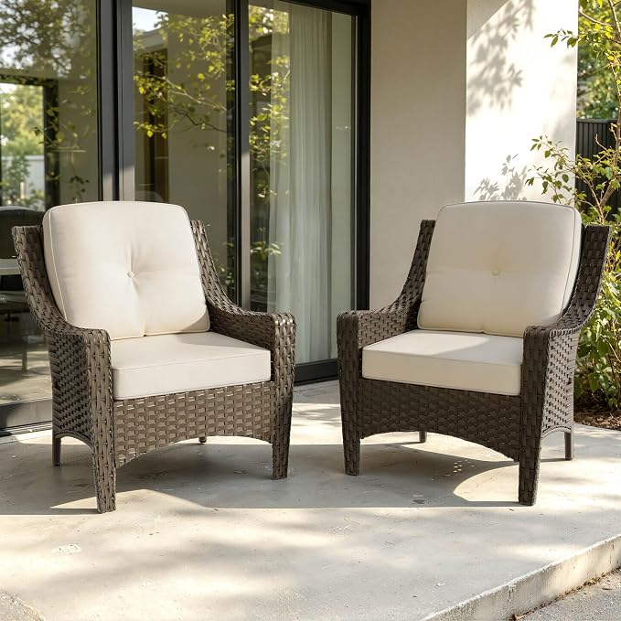 Patio Wicker Chair Set of 2 with High Back, All Weather PE Wicker Chair with Waterproof Cushion for Porch, Backyard, Balcony, Deck