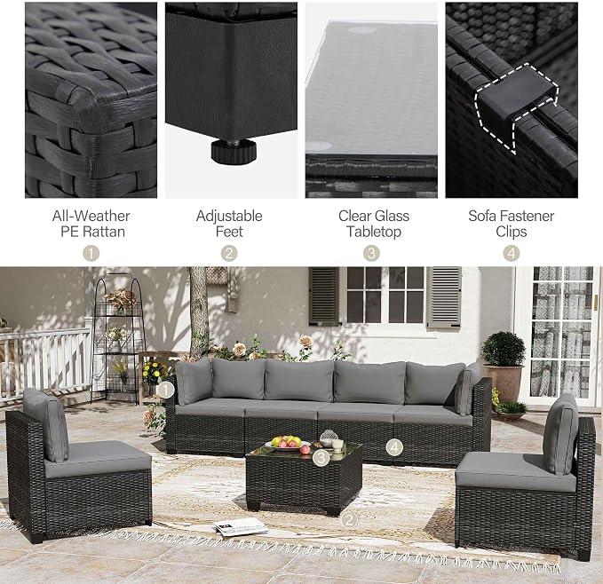 LAUSAINT HOME 7 Pieces Outdoor Patio Furniture, Outdoor Sectional Sofa Patio Furniture Sets Wicker Rattan Patio Conversation Sets with Cushion and Glass Table (Grey)