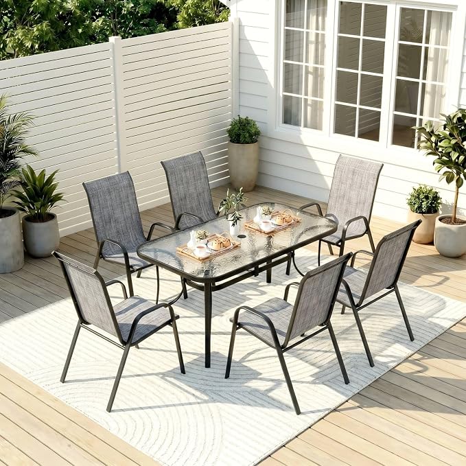 TLSUNNY 7 Pieces Patio Dining Set, Outdoor Table and Chairs W/1.69″ Umbrella Hole, 30"X 55" Table and Stackable Textilene Chair, All Weather Patio Furniture Set (Umbrella not Included) (Grey)