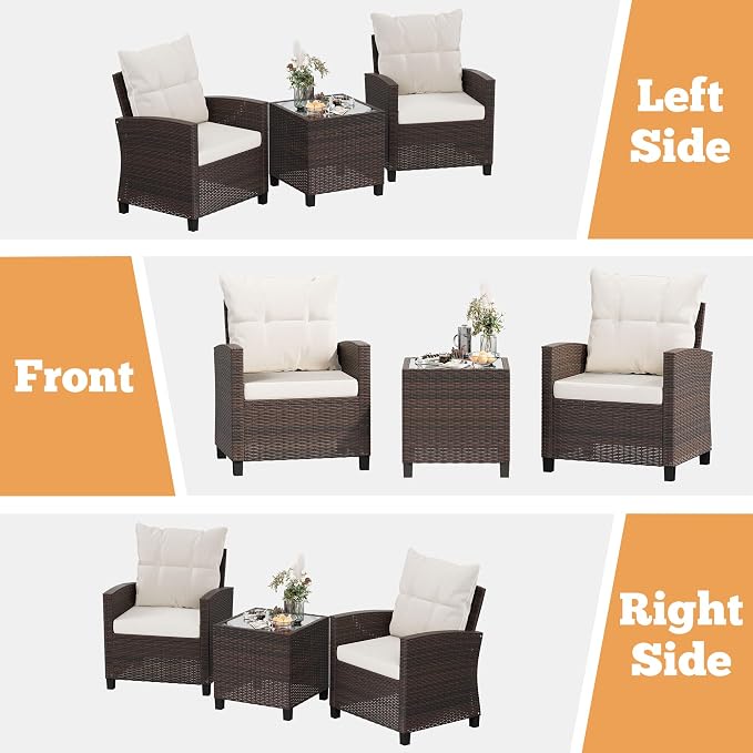Shintenchi 3 Pieces Patio Furniture Set, PE Rattan Wicker 3 Pcs Patio Set, Outdoor Furniture Set with Two Outdoor Chairs and Table, Conversation Set for Garden, Poolside, Balcony, and Porch(Beige)