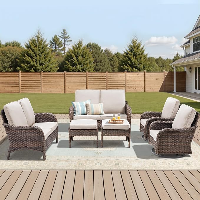 6 PCS Patio Furniture Set, Outdoor Wicker Loveseat & 2 Swivel Rocking Chairs with 2 Ottomans & Side Table, 4-Inch Thick Olefin Cushions, 300 lbs Capacity Rattan Conversation Set for Porch, Beige