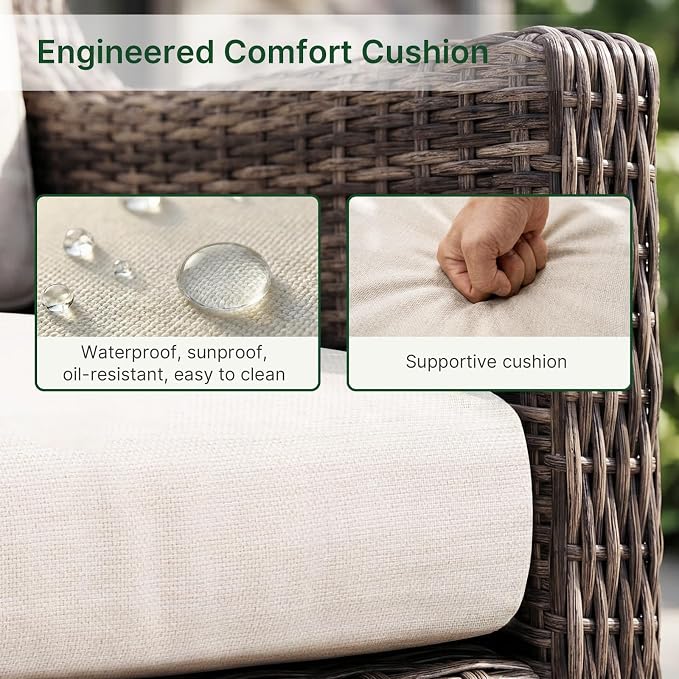 Outdoor Swivel Rocker Patio Chair with Premium Cushion, High Back Wicker Patio Swing Glider for Deck, Porch, Patio and Poolside (Beige, 3 Pcs - Swivel Glider & Side Table)