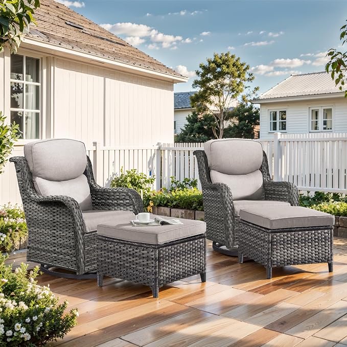 Outdoor Swivel Rocker Patio Chairs with 2 Ottomans - 5" Thick Cushion 4 Piece Furniture Set All Weather Comfortable Wicker Conversation Set for Porch Poolside and Deck - Gray/Beige