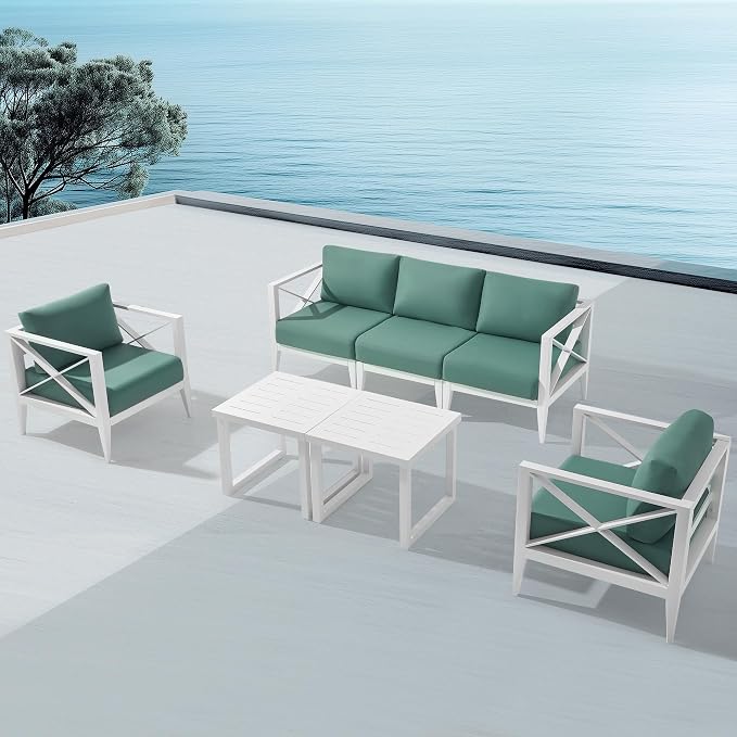 Outdoor Aluminum Patio Furniture Set, 5-Seats Patio Conversation Sofa Set with 2 Coffee Tables, All Weather for Pool, Balcony, Garden-White