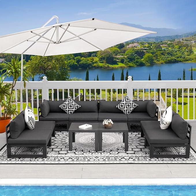 RADIATA 10 Pcs L-Shaped Contemporary Aluminum Outdoor Furniture Set, 29" Deep Wide Large Couch Set, 500 lbs High Weight Capacity Modular Patio Sectional Sofa with Side Table for Garden Yard, Dark Gray
