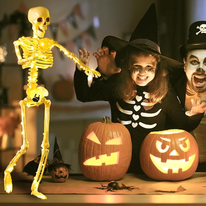 2 Pack 24 Inches Halloween Skeleton, LED Light Up Pose-N-Stay Halloween Skeleton Full Body Posable Movable Jonints for Halloween Decoration