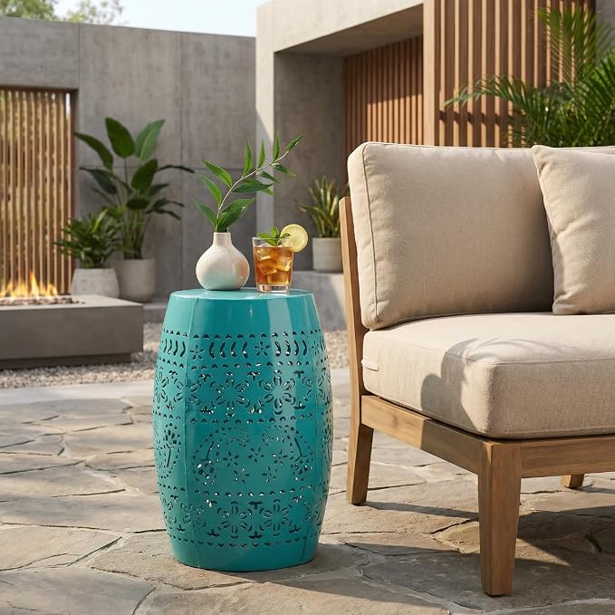 12" Outdoor Side Table, Metal Round Side Table, Multi Functional Decorative Cutout, Coffee Table, Night Stand, Plant Stand for Patio, Garden, Backyard, Gazebo Indoor (Teal)
